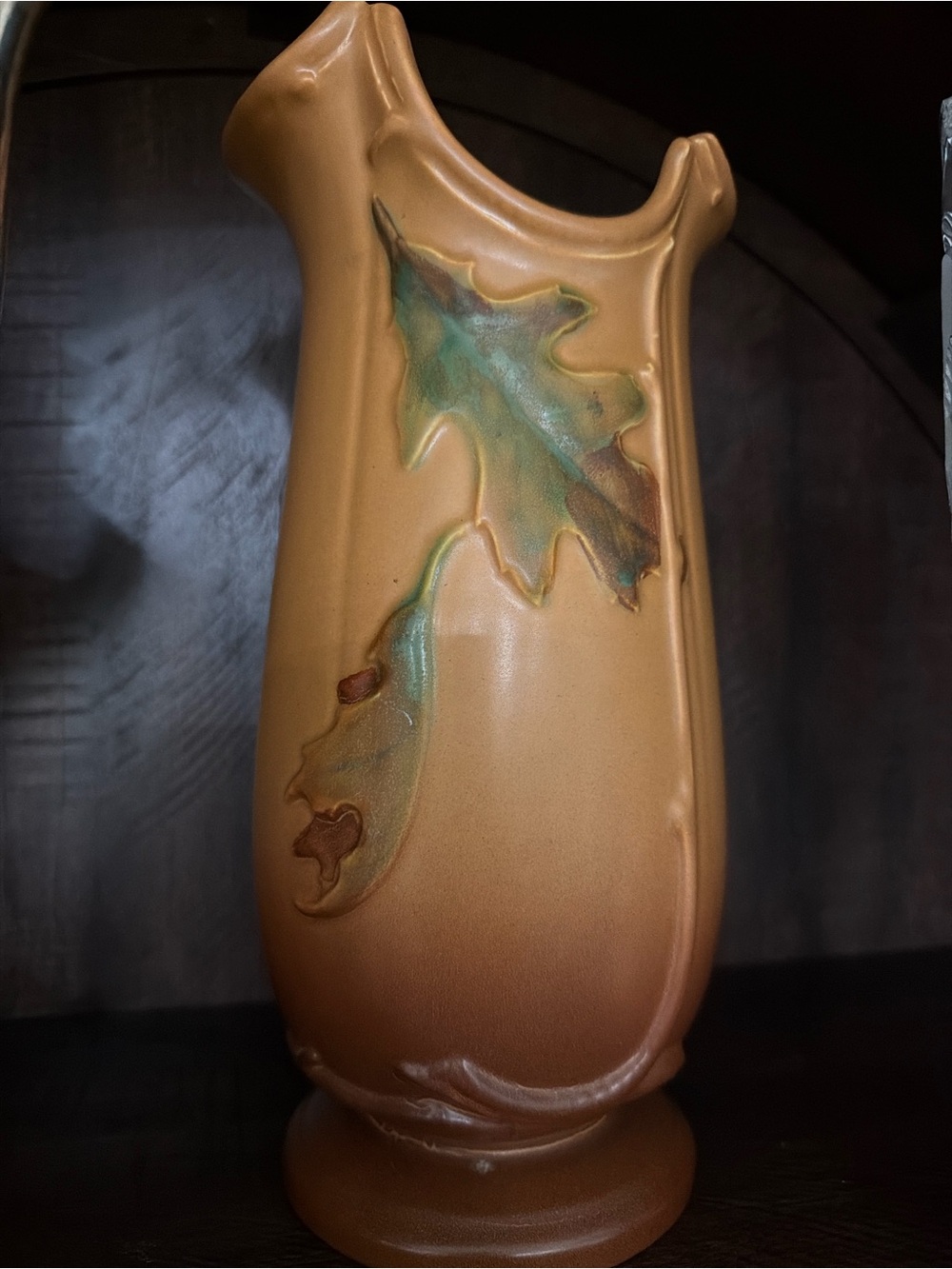 Weller Brown Ceramic Vase with Subtle Green Leaf Motif